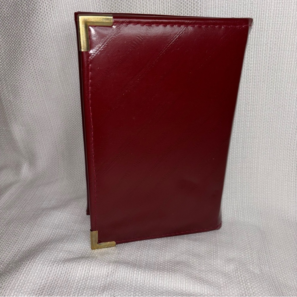 Vintage Trifold Cranberry Leather Address Card Slot Note Binder Gold Accents